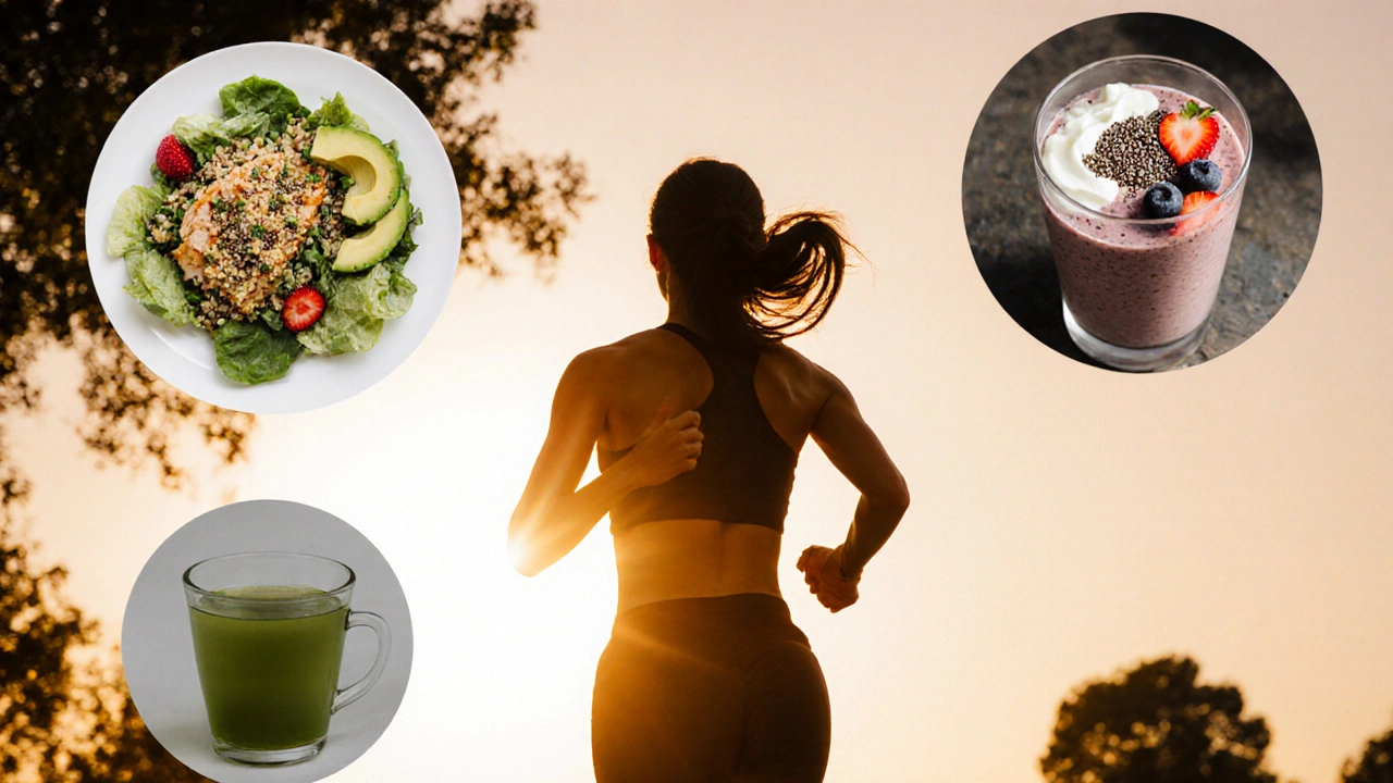 Бегущая спортсменка, вокруг которой видны её энергетические приёмы пищи.