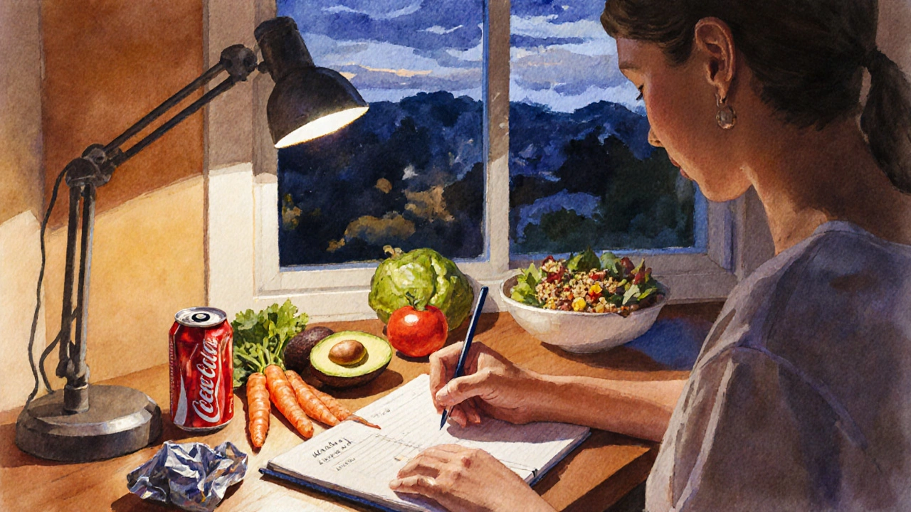 Человек пишет пищевой дневник, рядом находятся фаст‑фуд и свежие овощи.