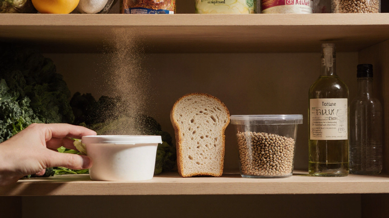 Человек убирает из шкафа пять вредных продуктов, которые растворяются в пыли, заменяясь здоровой едой: овощами, гречкой, оливковым маслом и водой.