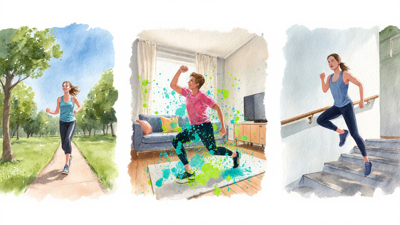 Человек выполняет короткую тренировку: прогулка, приседания и подъем по лестнице, в акварельных кадрах.