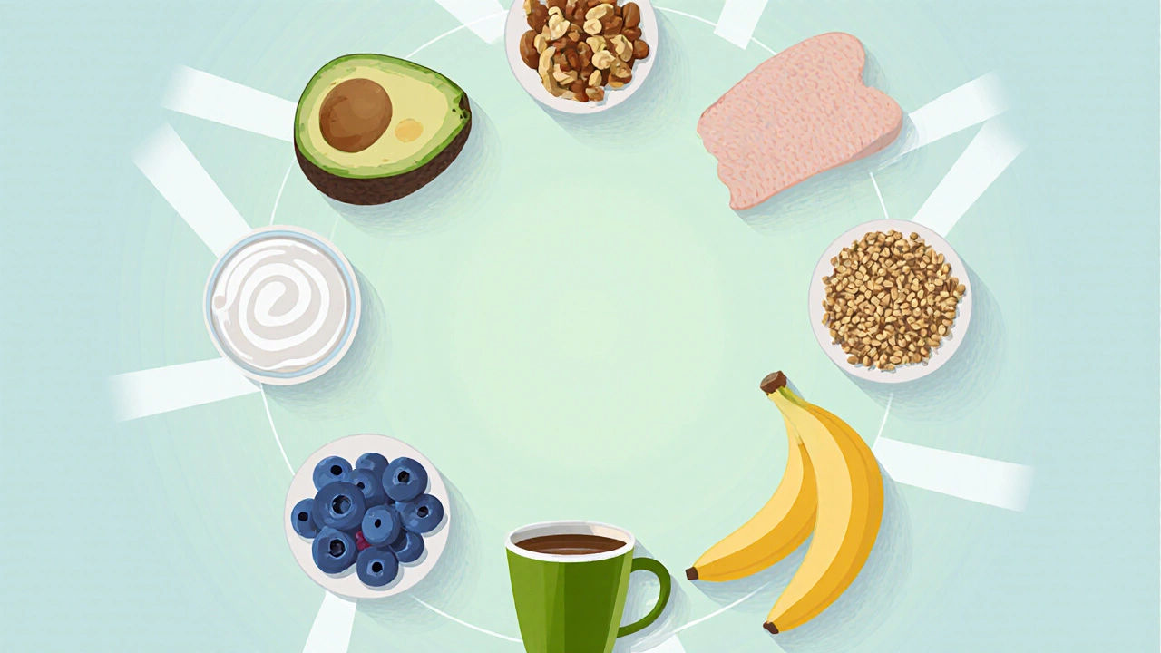 Круговая композиция из 10 продуктов для энергии без текста.