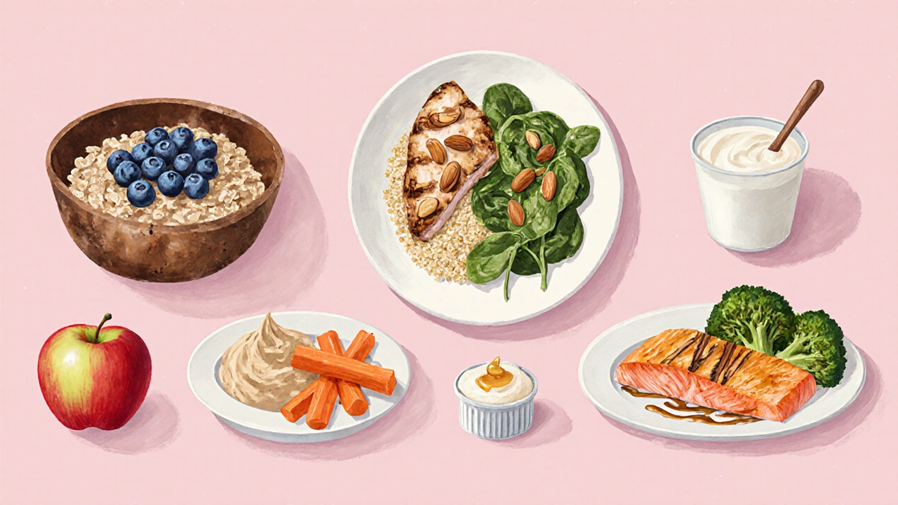 Плоское изображение блюд на целый день: овсянка, йогурт, курица с киноа, хумус, лосось и творог.