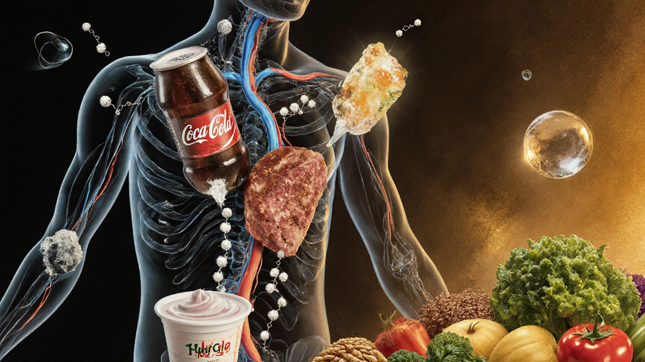 Прозрачное тело с кристаллами сахара и химикатами в венах, рядом — светящиеся овощи, зерна и вода.