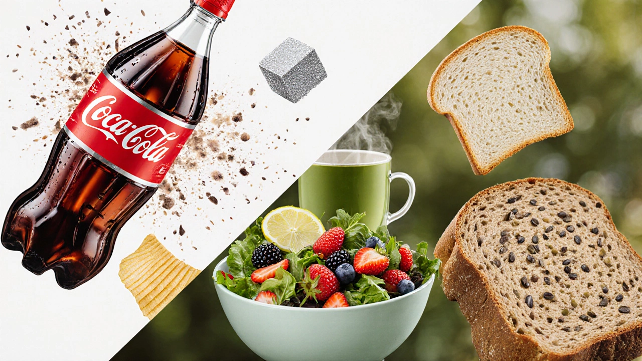 Разделённая иллюстрация: слева вредные продукты, справа их здоровые альтернативы.