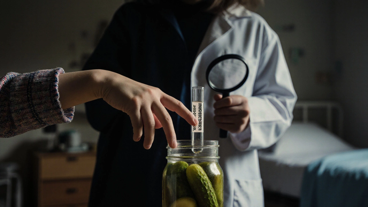 Ребёнок тянется к банке с огурцами, за спиной — врач с пробиркой, тень болезни на фоне.