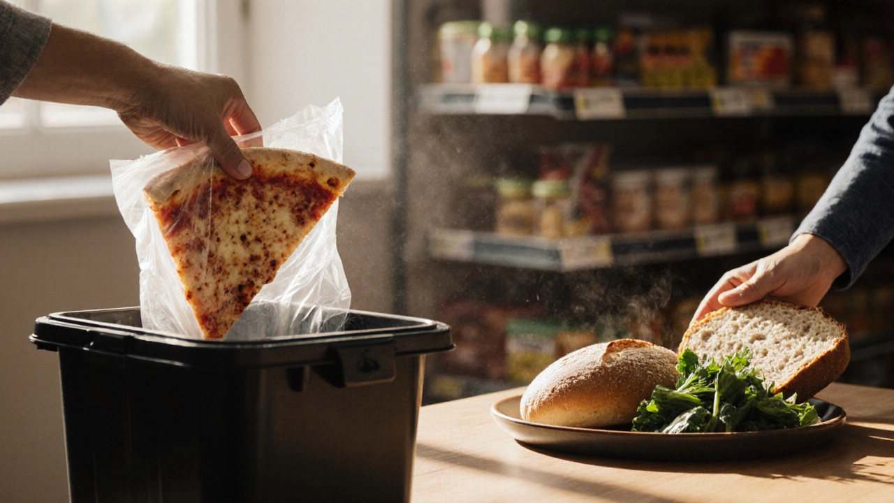 Рука кладет замороженную пиццу в мусорку, другая — свежий хлеб и овощи на деревянный стол у окна.