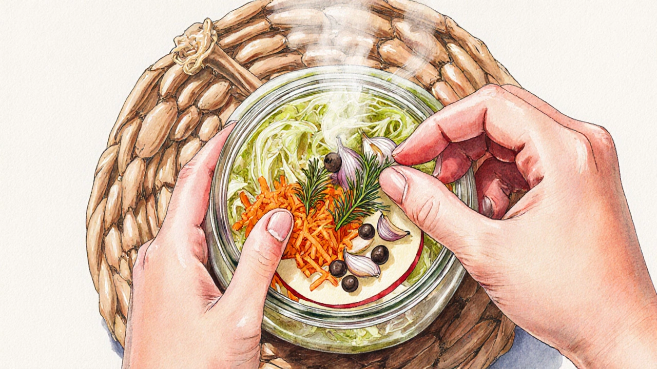 Руки добавляют яблоко, морковь, чеснок и укроп в квашеную капусту.