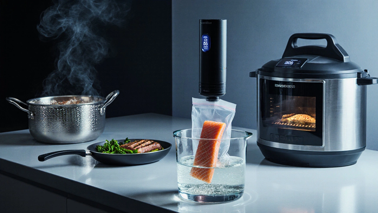Современная кухня: су‑вид в воде, пароварка, гриль‑пан, микроволновка и мультиварка в чистом интерьере.