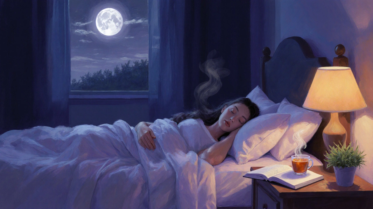 Спокойная ночная сцена: человек в кровати, лампа, журнал, чашка травяного чая и лунный свет.