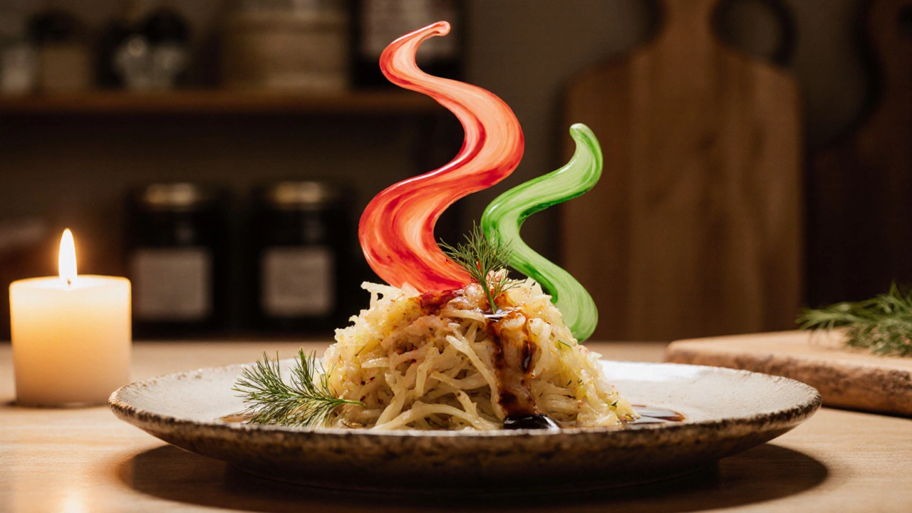 Тарелка с ароматной квашеной капустой, из неё поднимаются ароматические завихрения.