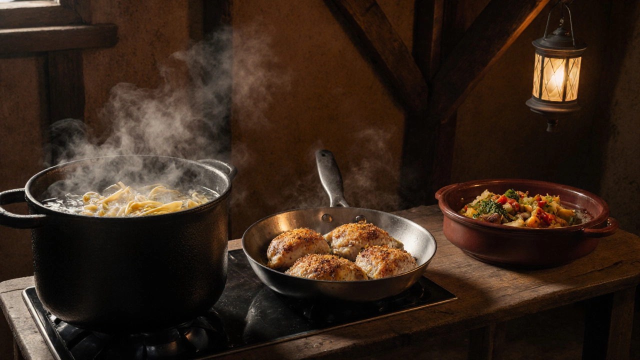 Традиционная кухня: кастрюля с кипящей пастой, сковорода с жареной курицей и запечённое блюдо в горшке.