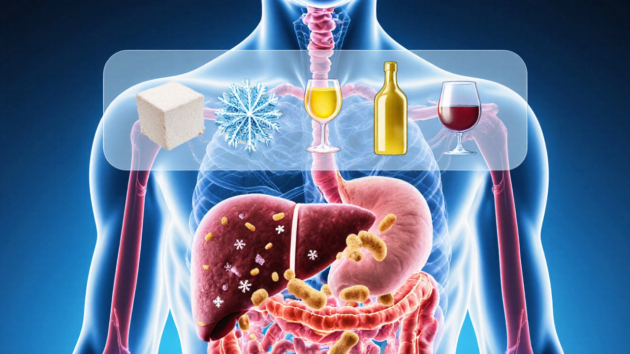 Внутренние органы человека повреждены: печень, кишечник и сосуды страдают от сахара, масел и алкоголя, над ними — защитный щит, блокирующий пять вредных символов.