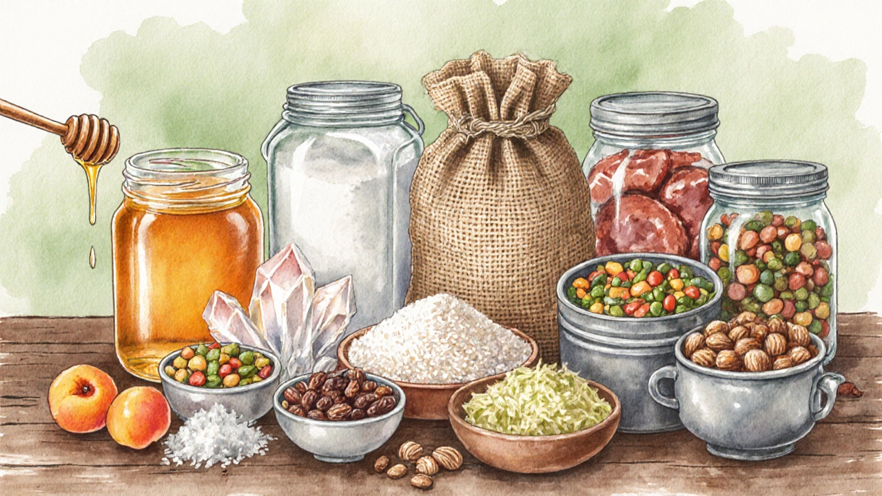 Водяные краски: десять продуктов длительного хранения, размещённых на деревянном столе.