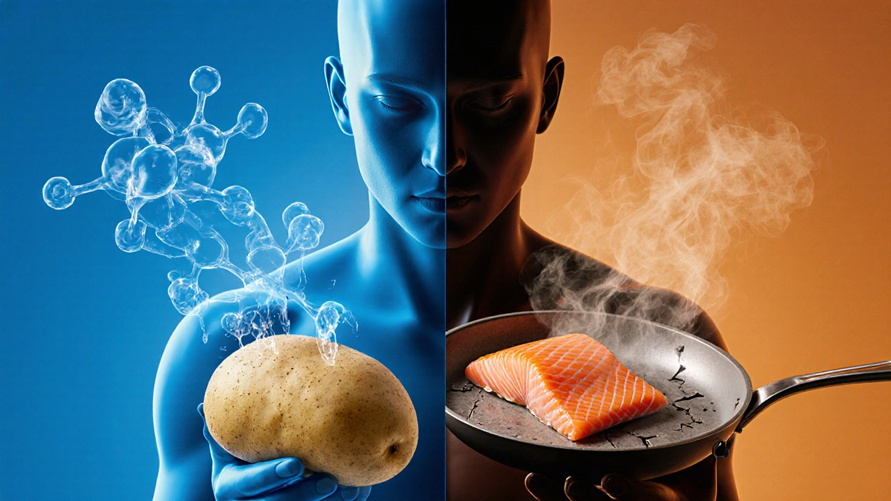 Человек держит полезную еду, справа — токсины из вредной сковородки, слева — здоровые молекулы.