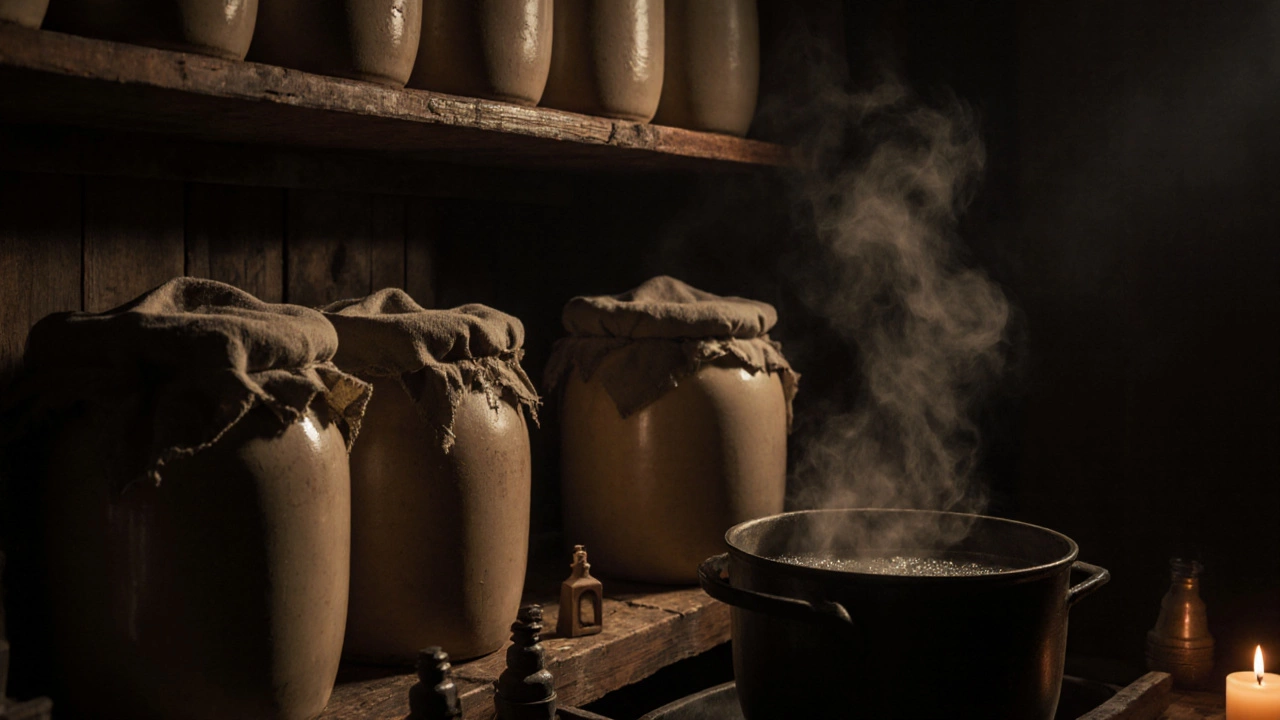 Деревянная полка в погребе с кувшинами для квашения, один из них с водяным затвором.