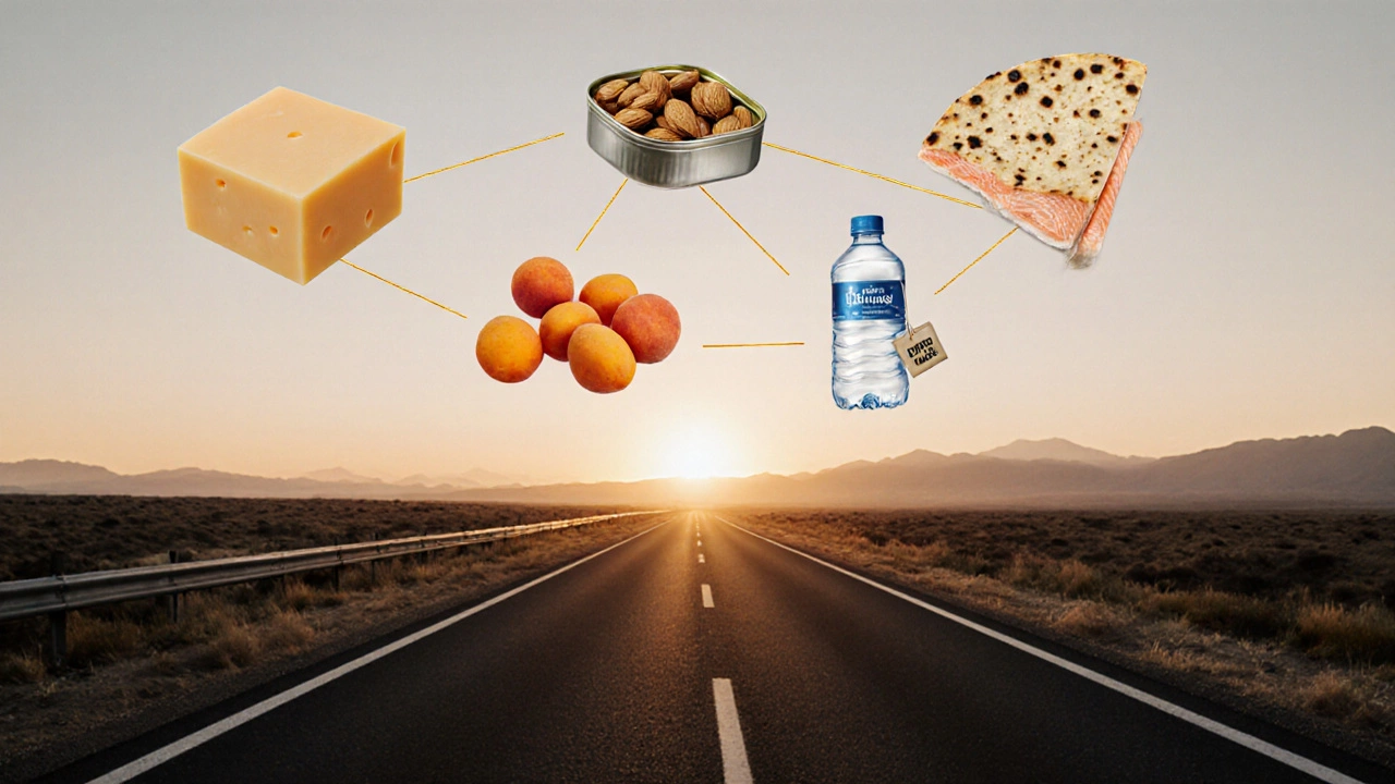 Дорога с плавающими символами идеальной дорожной еды: сыр, рыба, орехи, лаваш и вода, соединённые золотой линией.