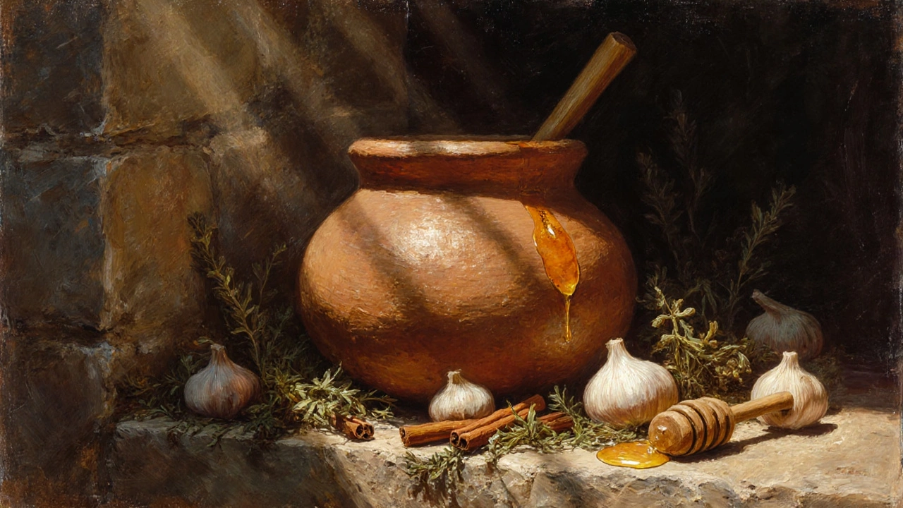 Глиняный горшок с сухими травами и чесноком на каменном подоконнике, капля меда на ложке.