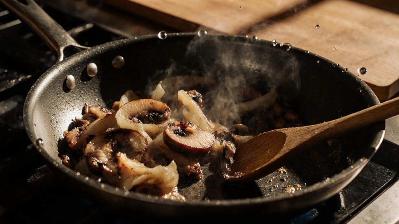 Грибы и лук, обжаренные на сухой сковороде без масла