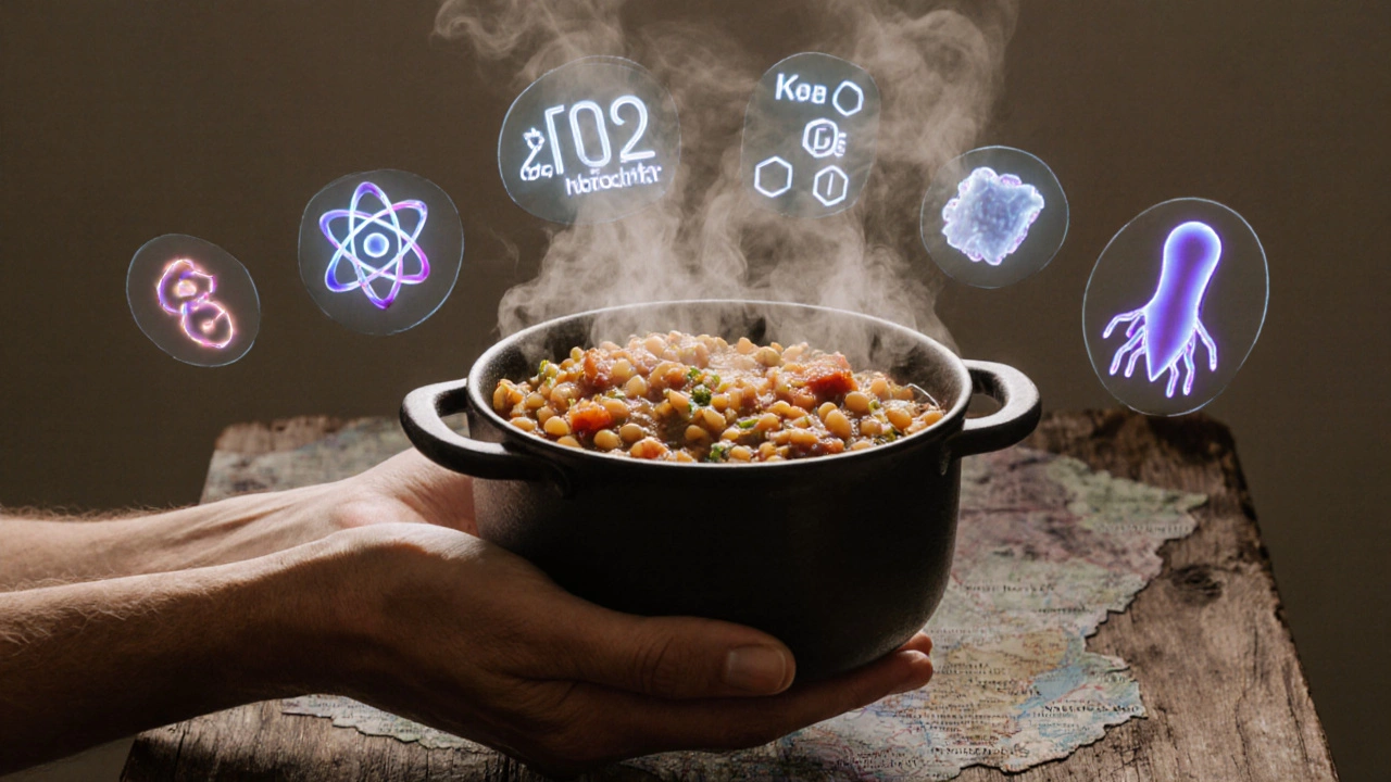 Каша с чечевицей и темпе с нутриентами, символизирующими здоровье.