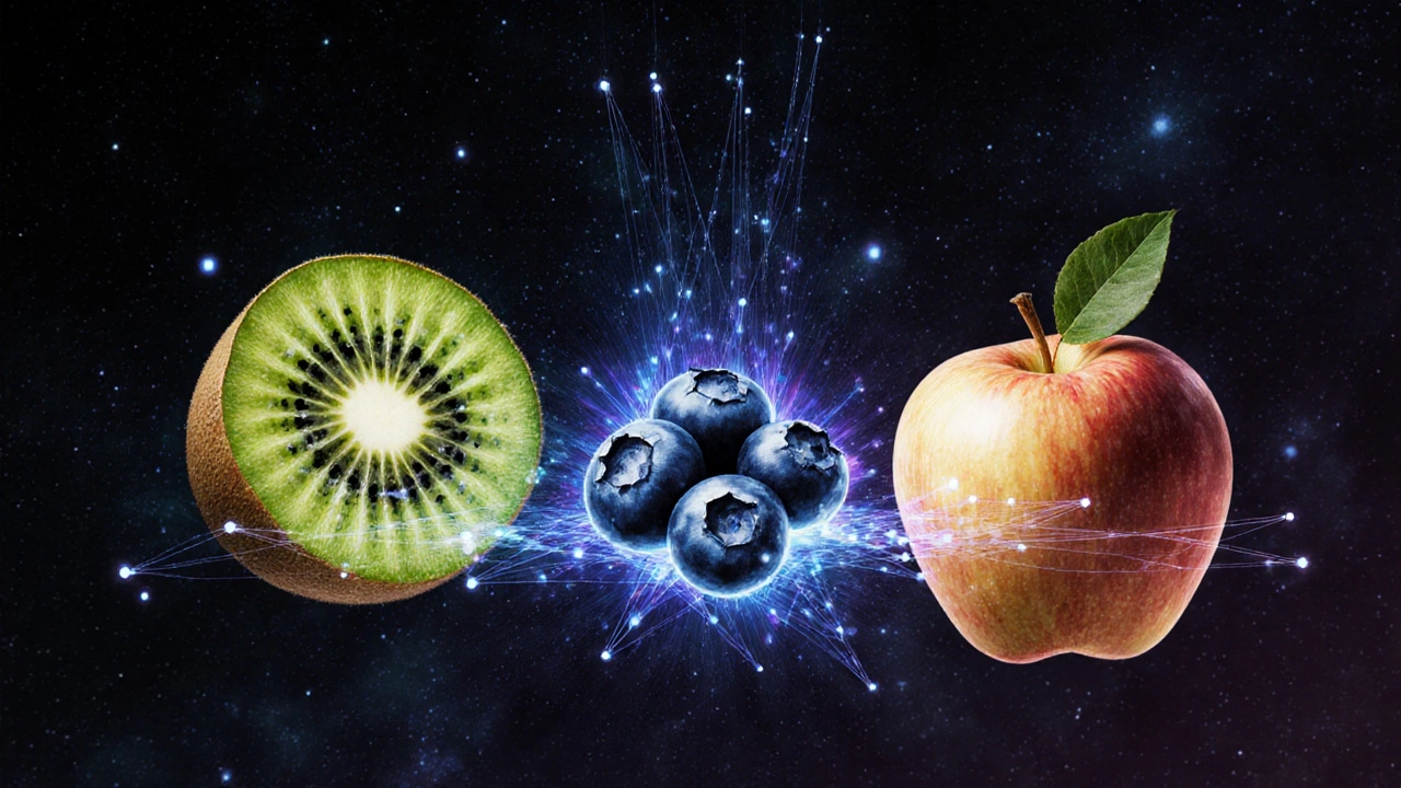 Киви, голубика и яблоко светятся в космическом поле с витаминами и антиоксидантами.
