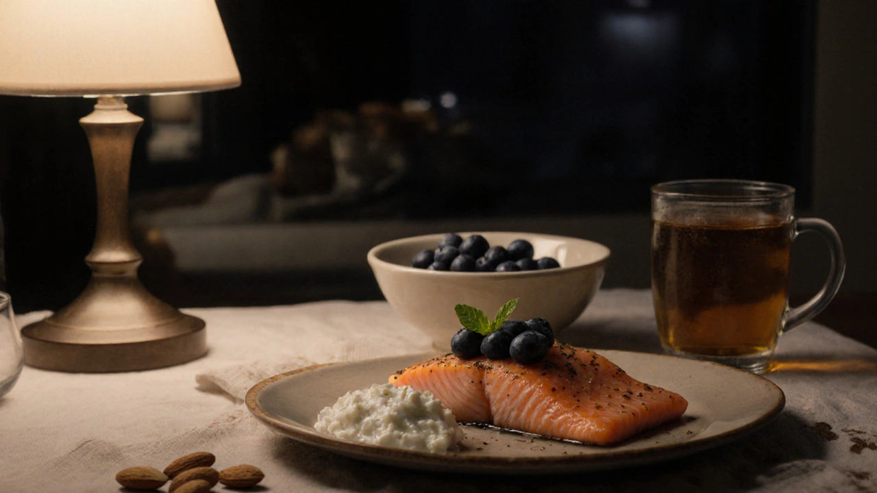 Лёгкий ужин: творог с ягодами, лосось и миндаль под тёплым светом.