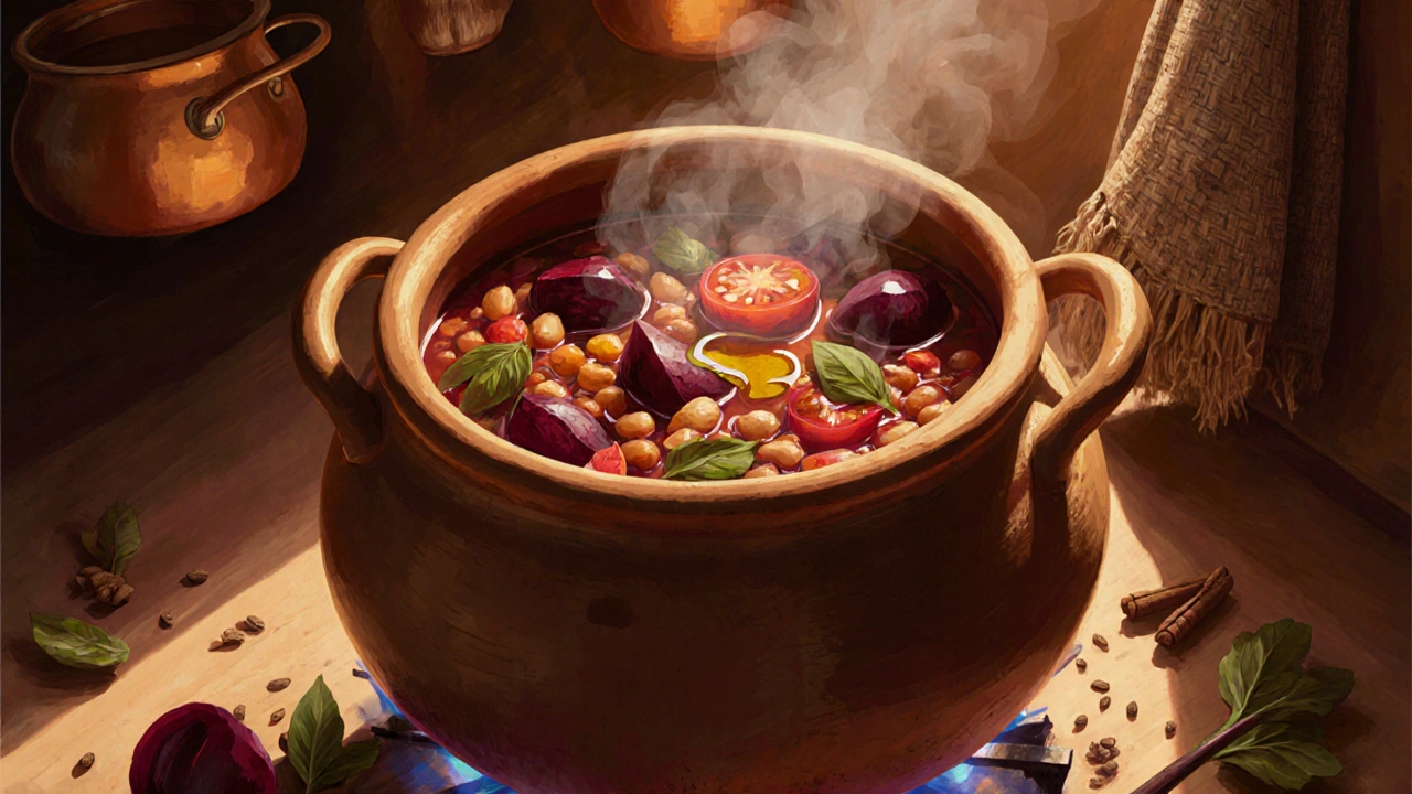 Медленно тушащиеся овощи в глиняном горшке с оливковым маслом и специями, тёплый свет кухни.