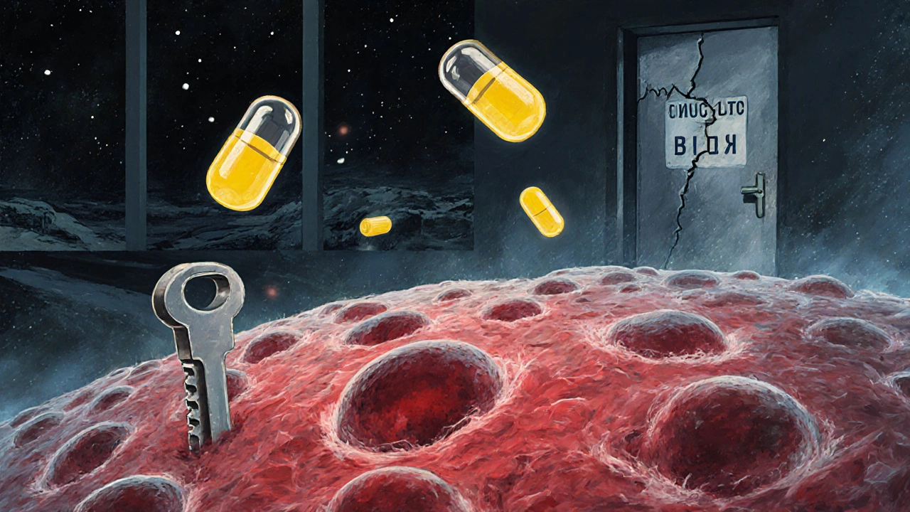 Микроскопическое изображение клетки с красными кровяными тельцами, несущими мало кислорода, и витаминами B12 и D как ключами.