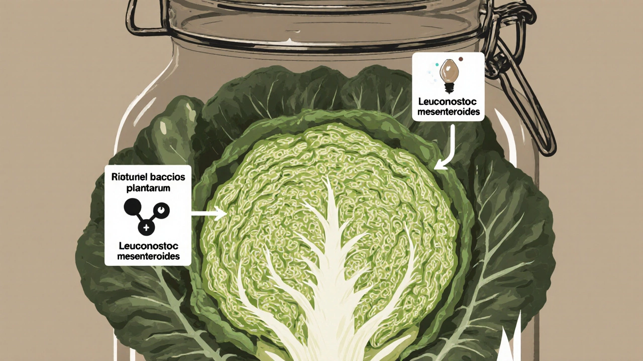 Научная иллюстрация бактерий Lactobacillus, преобразующих сахар в молочную кислоту в капусте.