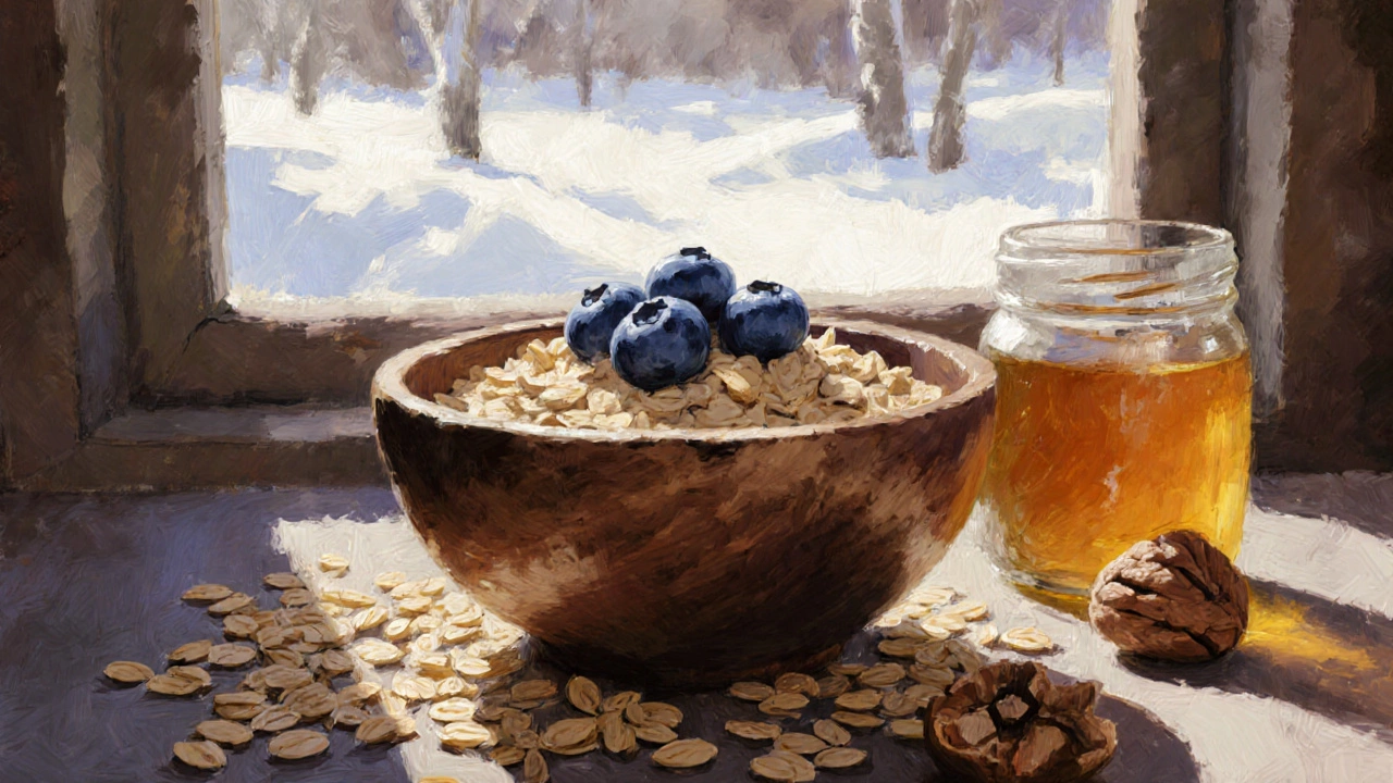 Овсянка с черникой и грецким орехом на деревянной тарелке