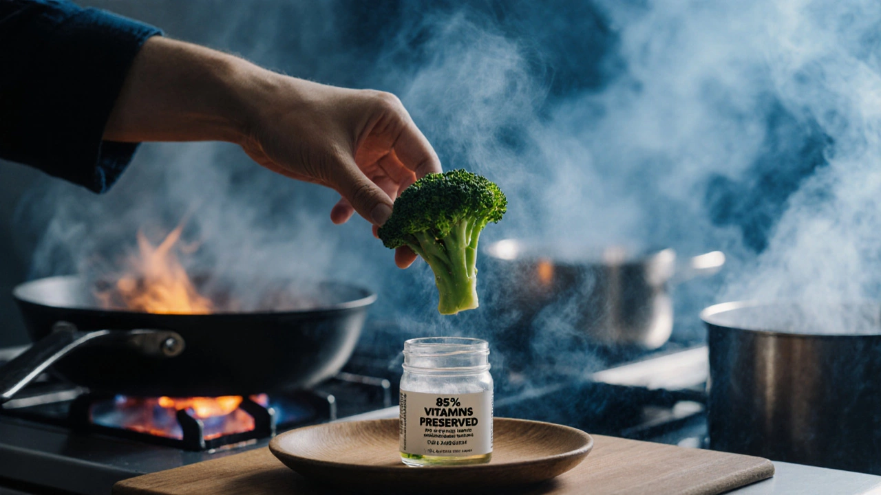 Паровая брокколи на деревянной тарелке с этикеткой о сохранении витаминов.