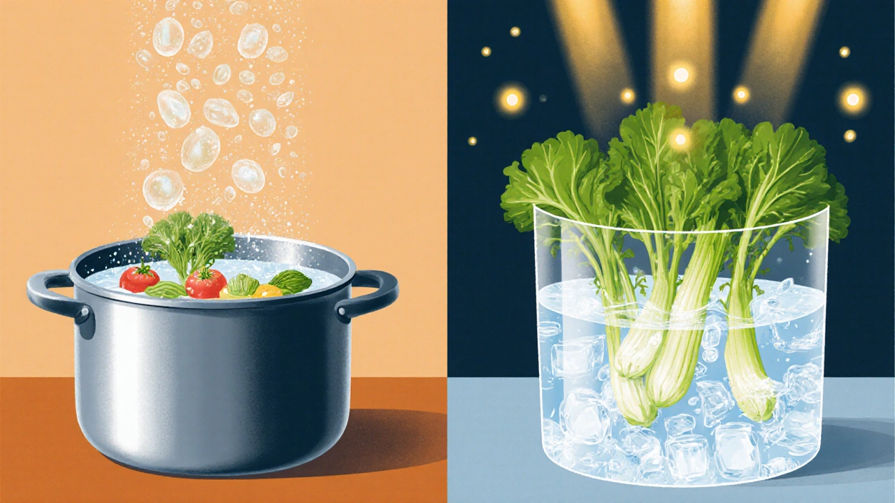 Разделённая сцена: слева витамины растворяются в воде, справа — сохраняются при быстром бланшировании.