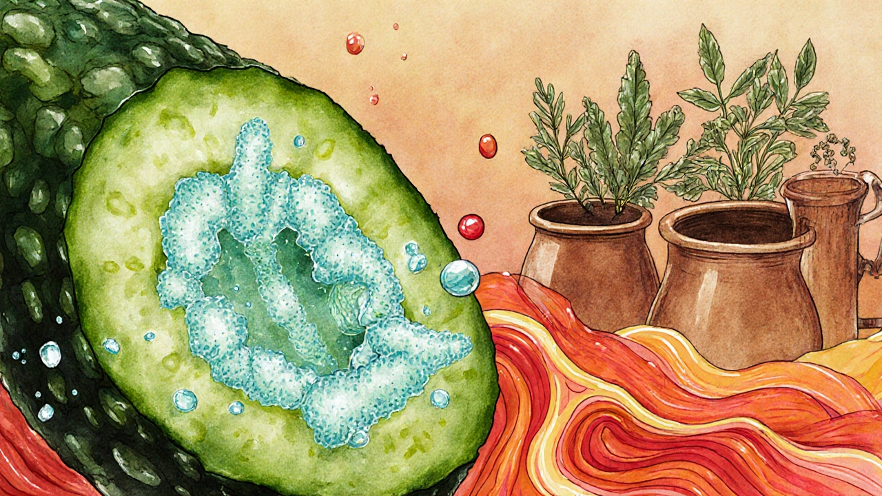 Разрез огурца: одна половина с живыми бактериями, другая — разрушенная уксусом, в стиле водяной живописи.