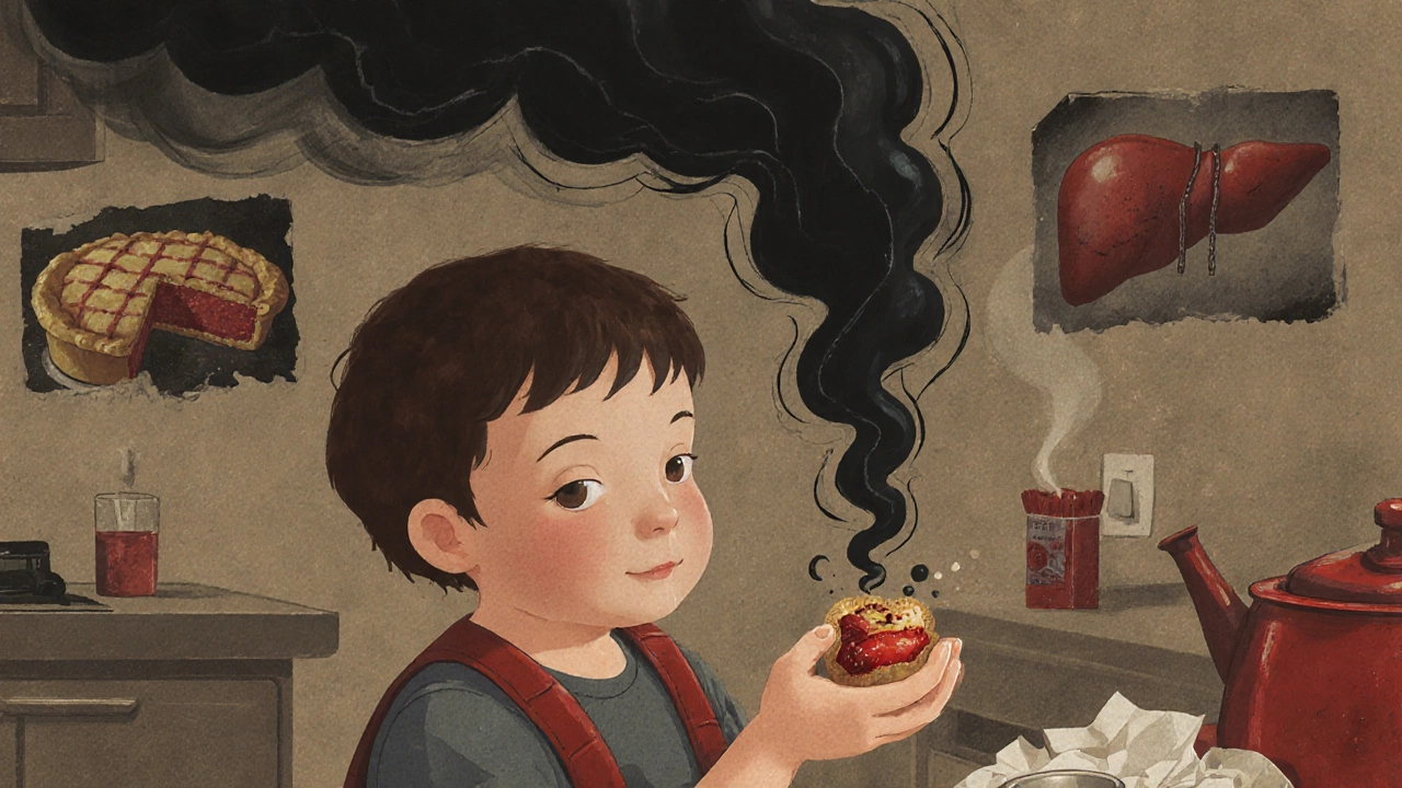 Ребёнок держит пирожное, из него поднимаются тёмные формы, напоминающие повреждённые сосуды и органы.