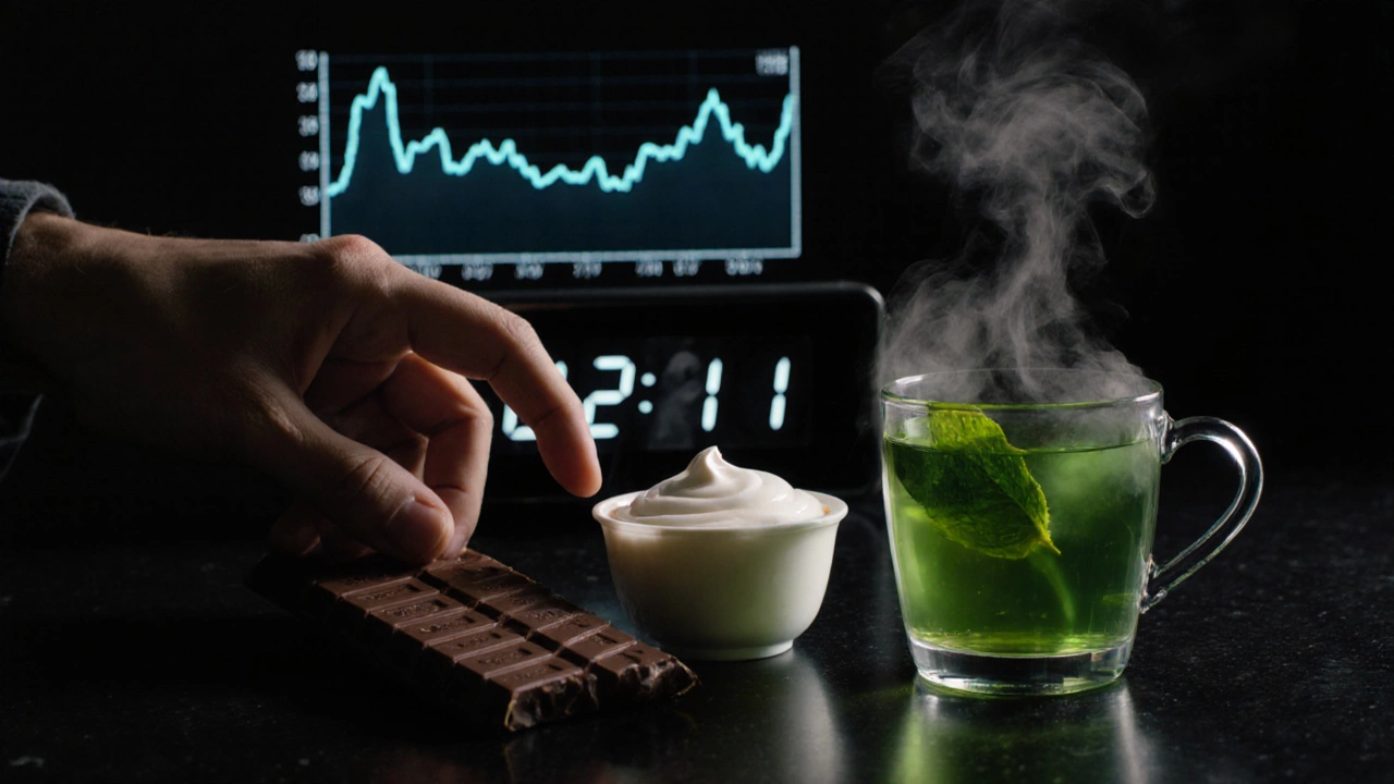 Рука берёт шоколадку ночью, на фоне график скачка сахара в крови.