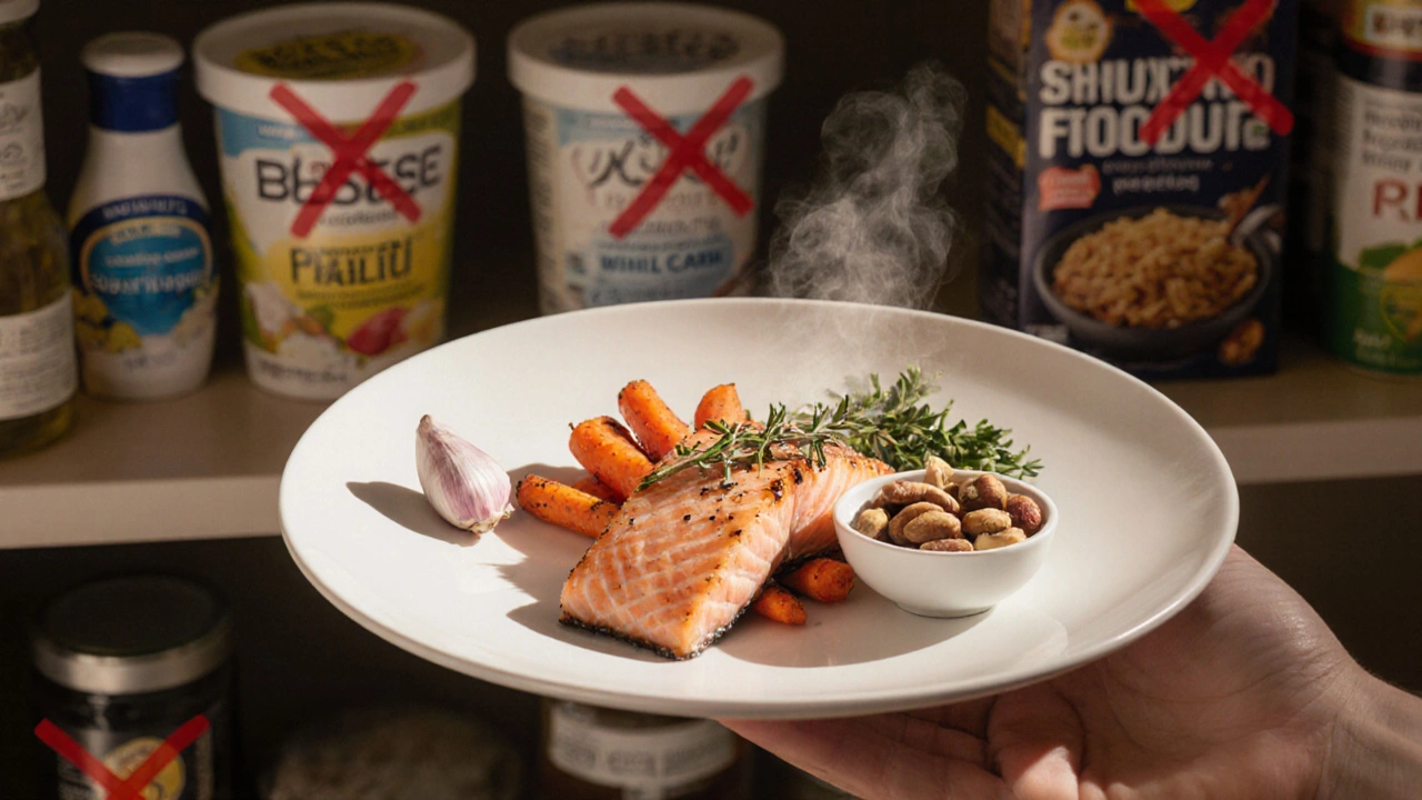 Рука держит тарелку с лососем и орехами, на фоне — упаковки нездоровой еды со штрих-кодами.