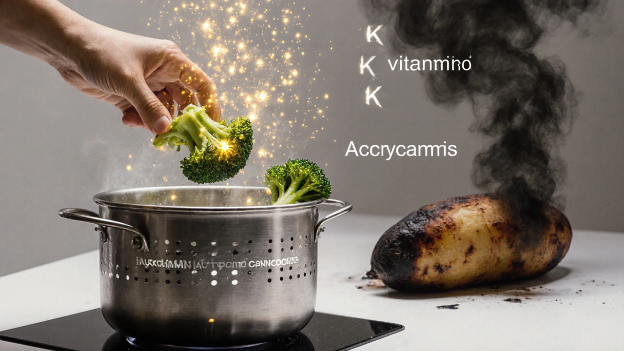 Рука готовит брокколи на пару, витамины светятся в пару, а вредные соединения исчезают в дыму.