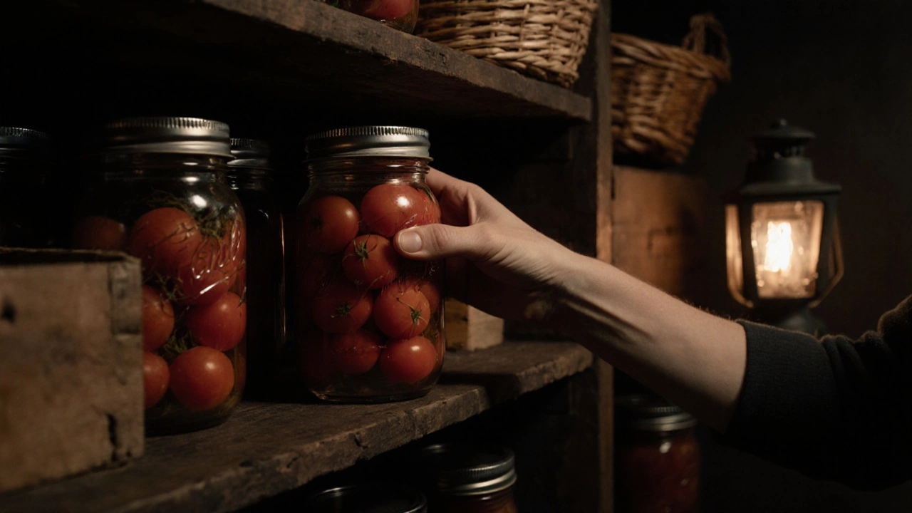 Рука кладет банку домашних консервов в темный погреб среди других закатанных банок.