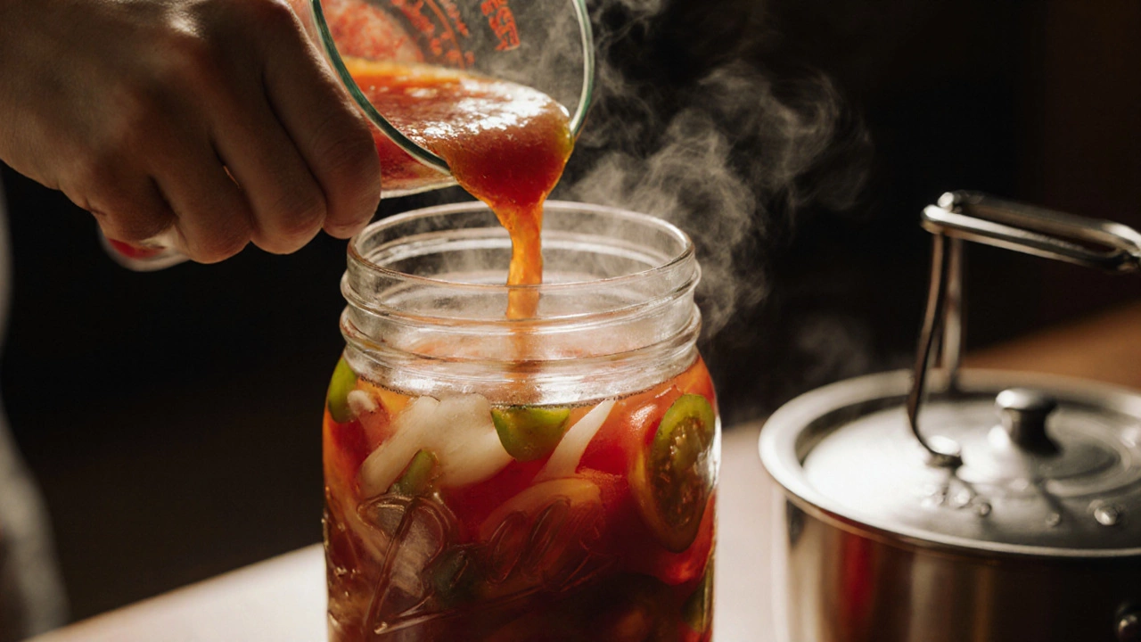 Руки заливают горячий маринад в банку с перцем и луком через воронку, пар поднимается над жидкостью.
