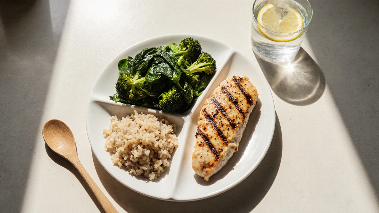 Сбалансированный обед: курица, брокколи и бурый рис на тарелке с водой.
