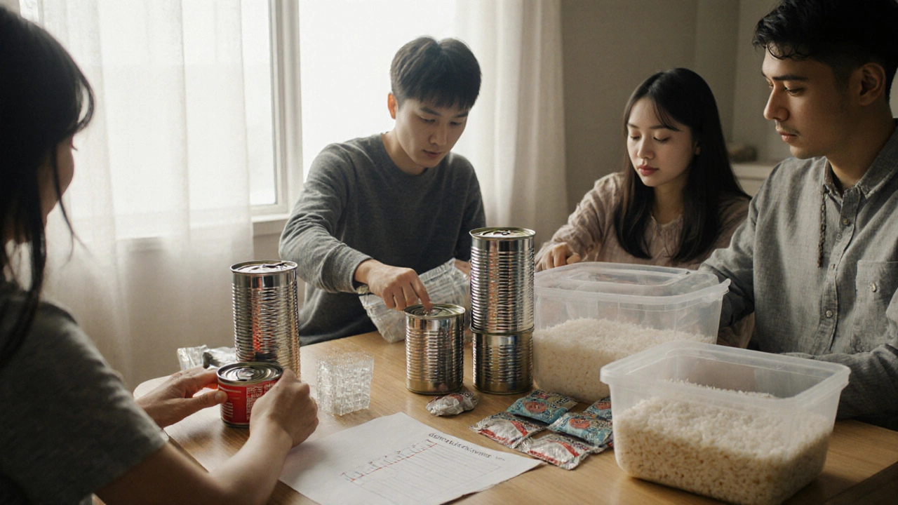 Семья упаковывает консервы и крупы для долгосрочного хранения.