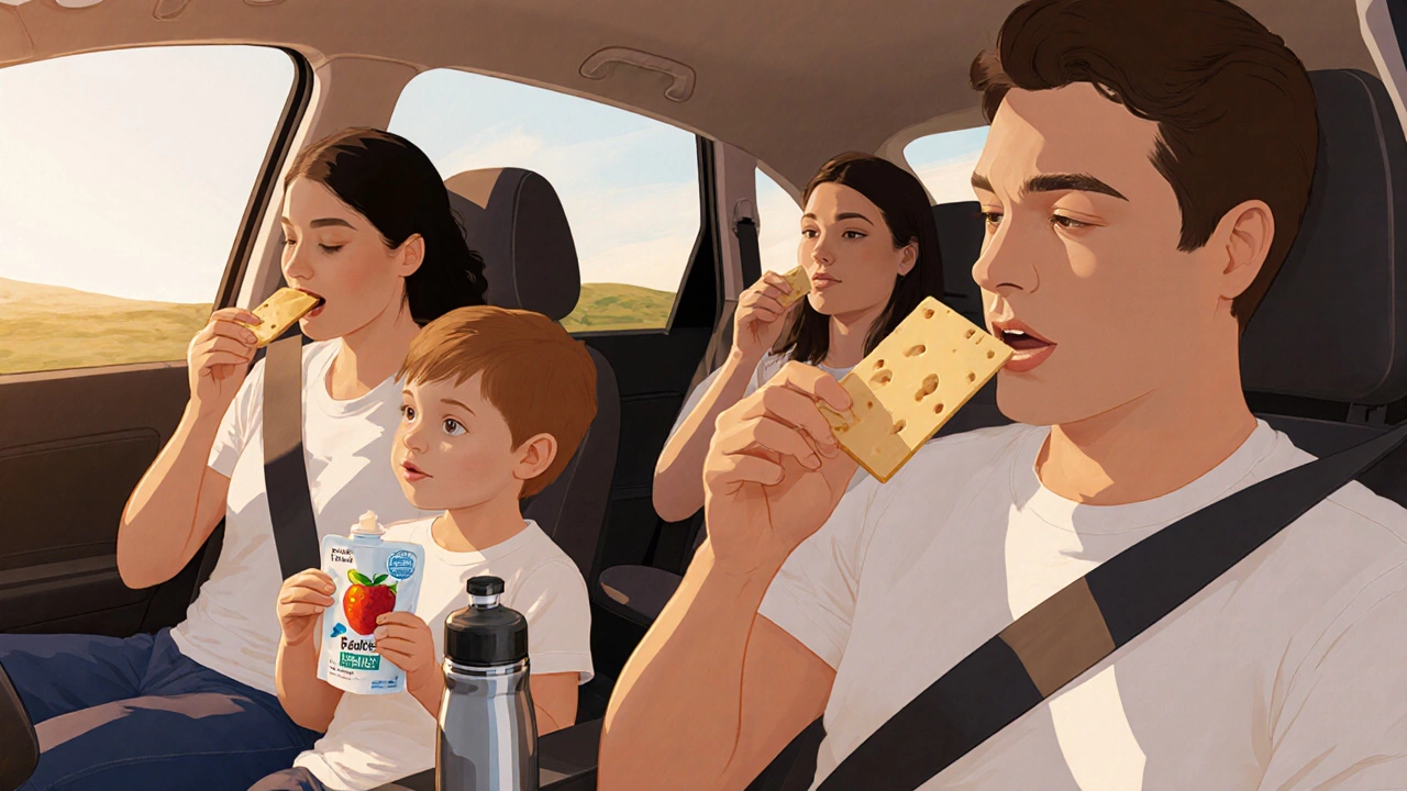 Семья в автомобиле ест из маленьких контейнеров: ребёнок пьёт фруктовое пюре, взрослый ест сыр с галетой, рядом термос.