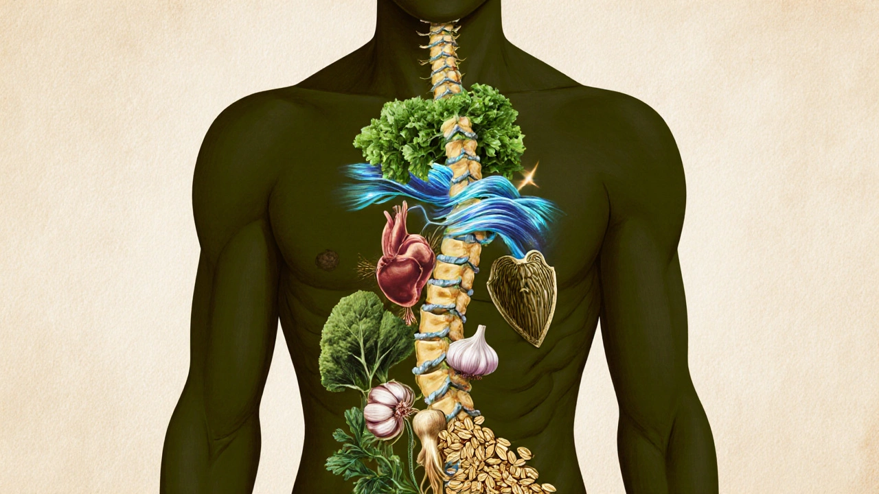 Силуэт человека, заполненный растительными и питательными элементами, символизирующими здоровье на клеточном уровне.