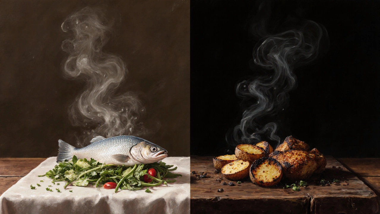 Сравнение здоровой приготовленной на пару еды и жареной пищи в деревенской кухне.