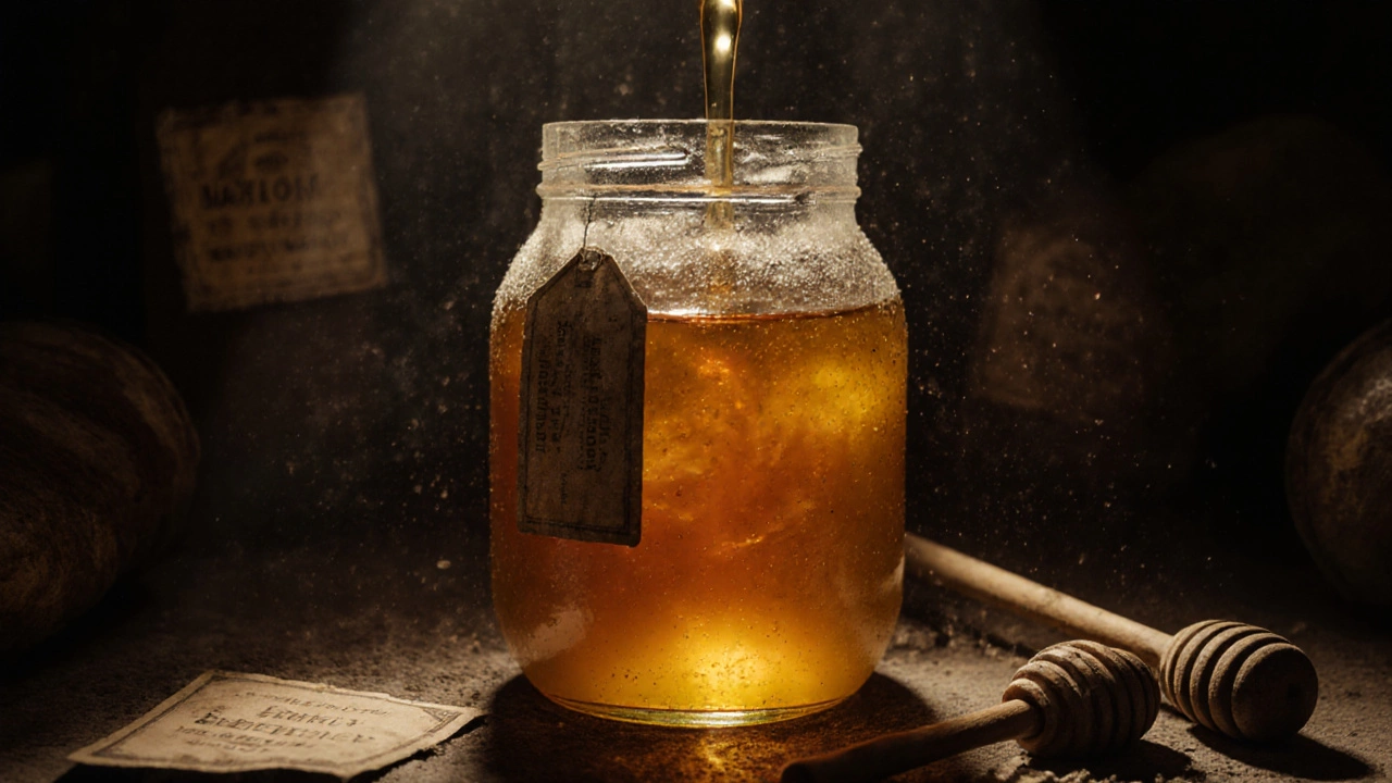 Старая глиняная банка с жидким мёдом в тёмном подвале.