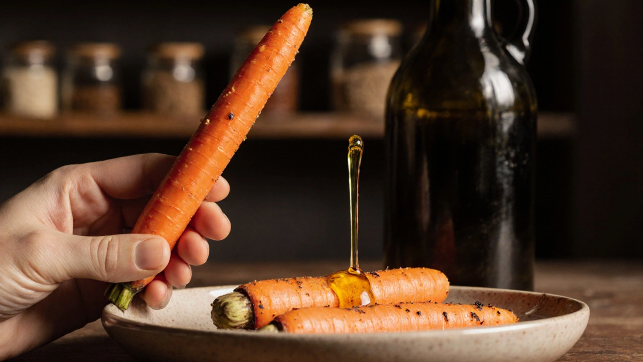 Сырая морковь и та же морковь, запечённая с оливковым маслом, на тарелке.