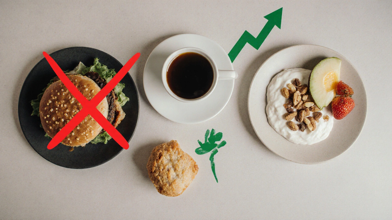 Три тарелки: вредный завтрак, кофе с булкой и полезный завтрак — символизируют выбор.