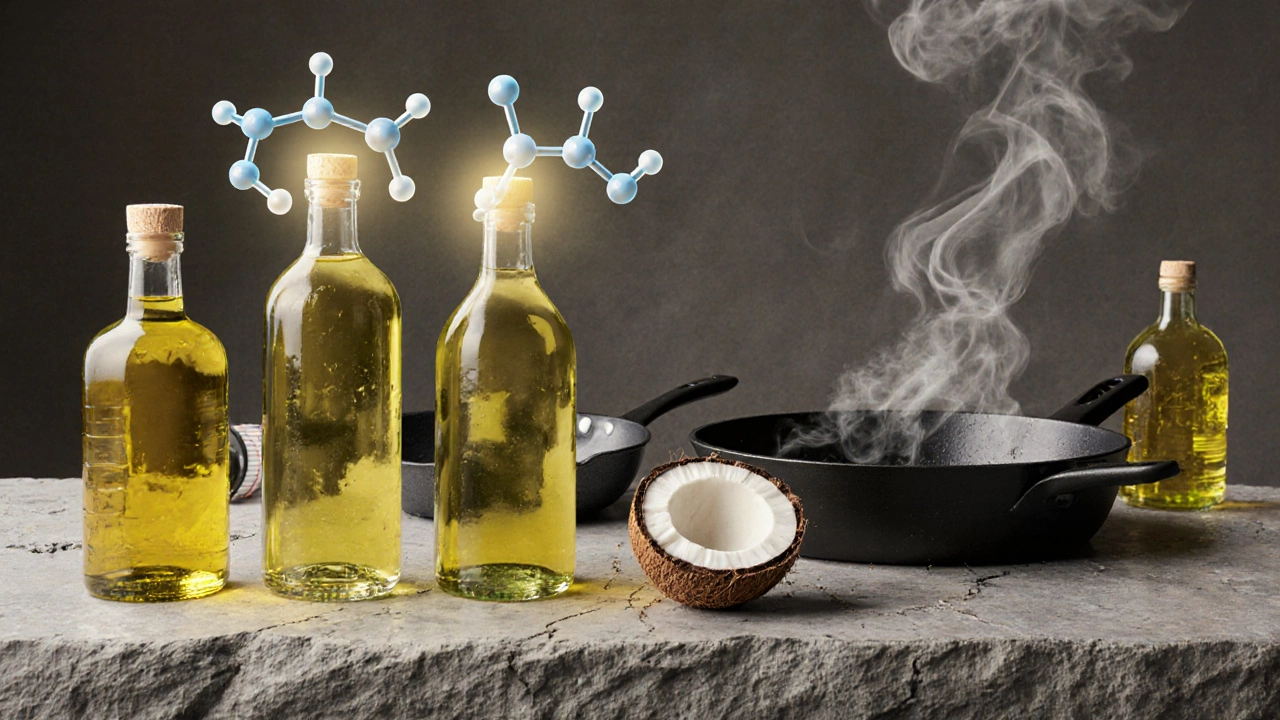 Три вида масел и безопасная посуда на фоне разрушенных сковородок с дымом.