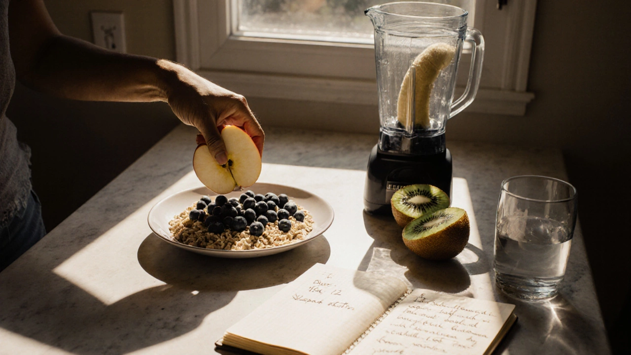 Утренняя кухня: яблоко на овсянке, замороженная голубика и киви на фоне солнечного света.