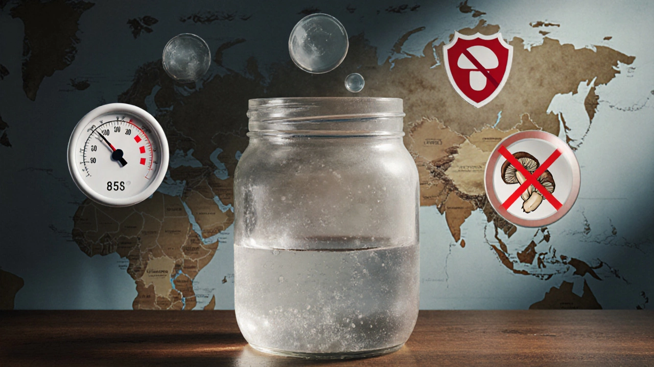 Запечатанная банка с вакуумом, вокруг — символы тепла, кислотности и запрещённых продуктов, фон — карта России.