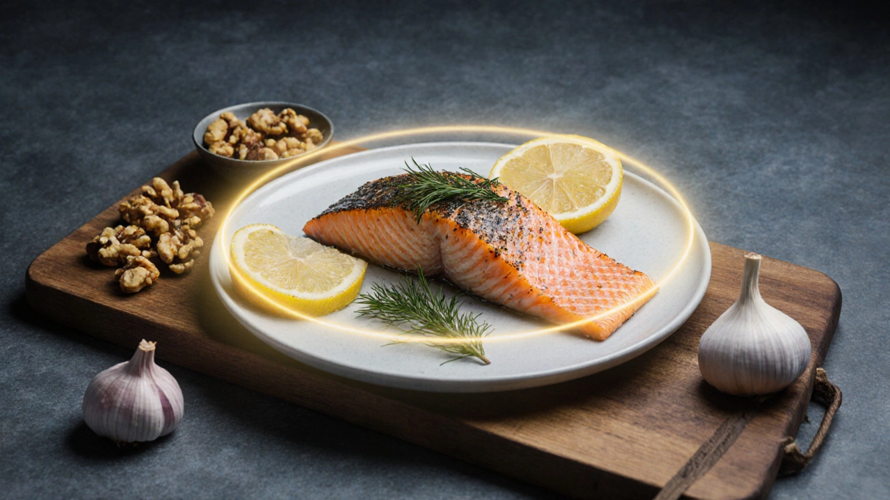 Запечённая семга с лимоном и грецкими орехами на деревянной доске